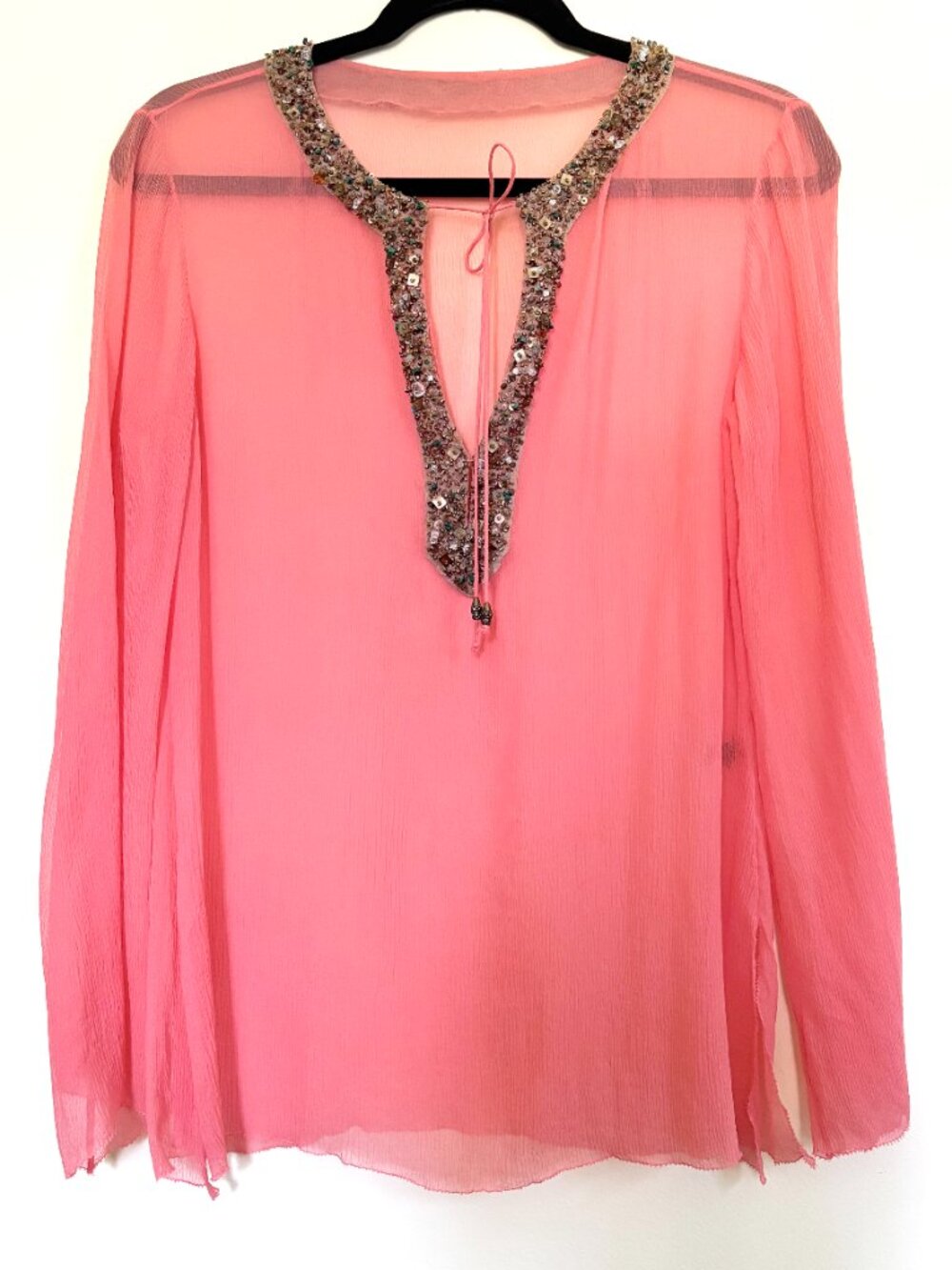 Coral Pink Sheer Ornately Beaded Tunic Top Size M
